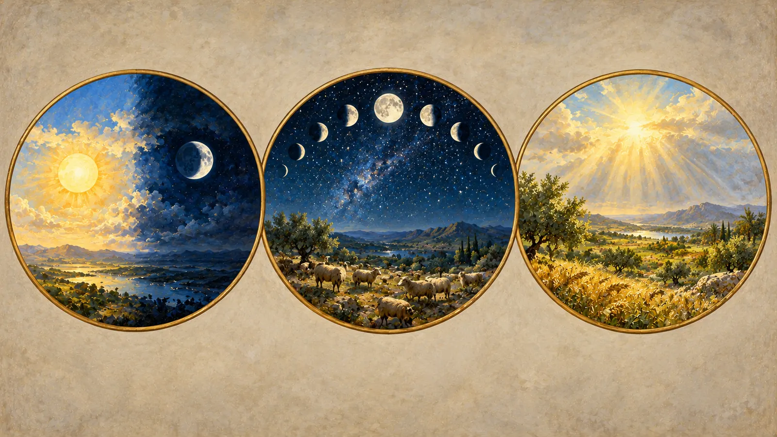 Trois médaillons : un ciel mi-jour mi-nuit avec le soleil et la lune ; un ciel étoilé avec les phases de la lune au-dessus d'un troupeau ; des rayons de soleil sur une campagne.