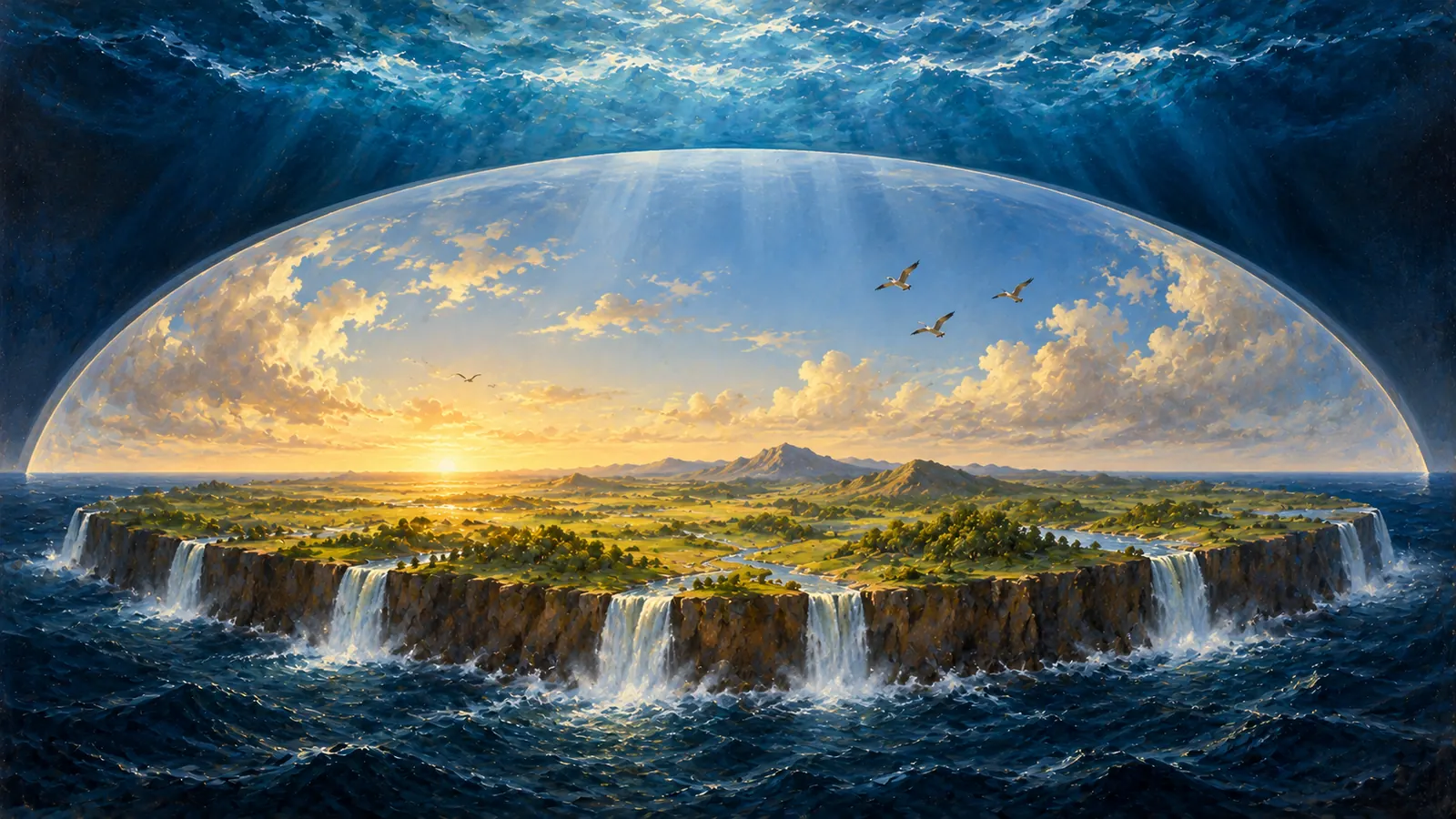Le monde tel que l'imaginaient les lecteurs anciens : une réserve d'eaux tout en haut, une voûte transparente en dessous, une terre posée au milieu des mers.