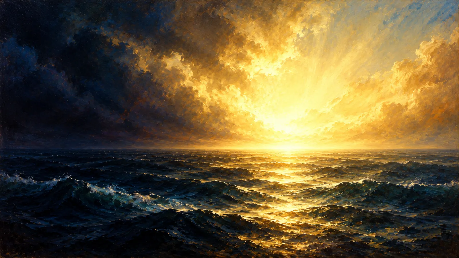 Une lumière immense jaillit au-dessus de l'océan obscur et repousse les ténèbres vers les bords.