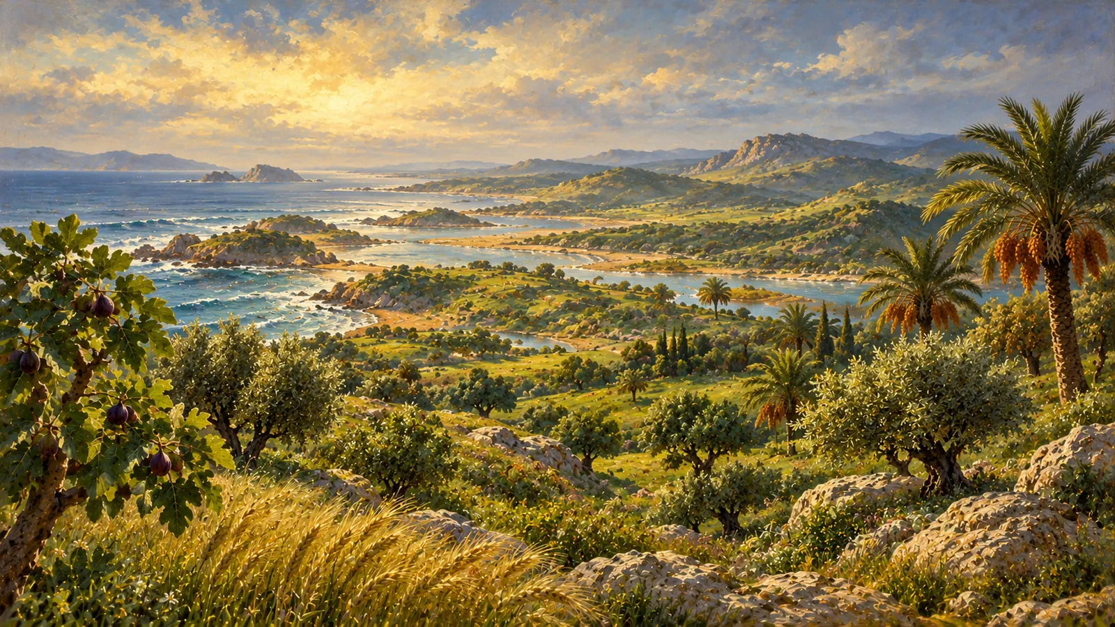 Des collines émergent de la mer et se couvrent d'herbes, de céréales sauvages, de figuiers, d'oliviers et de palmiers-dattiers.