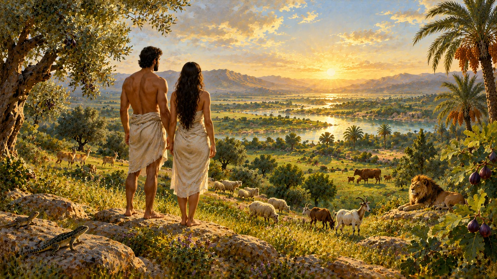 Un homme et une femme vus de dos au sommet d'une colline au lever du jour, regardant une plaine fertile peuplée de troupeaux et d'animaux sauvages.