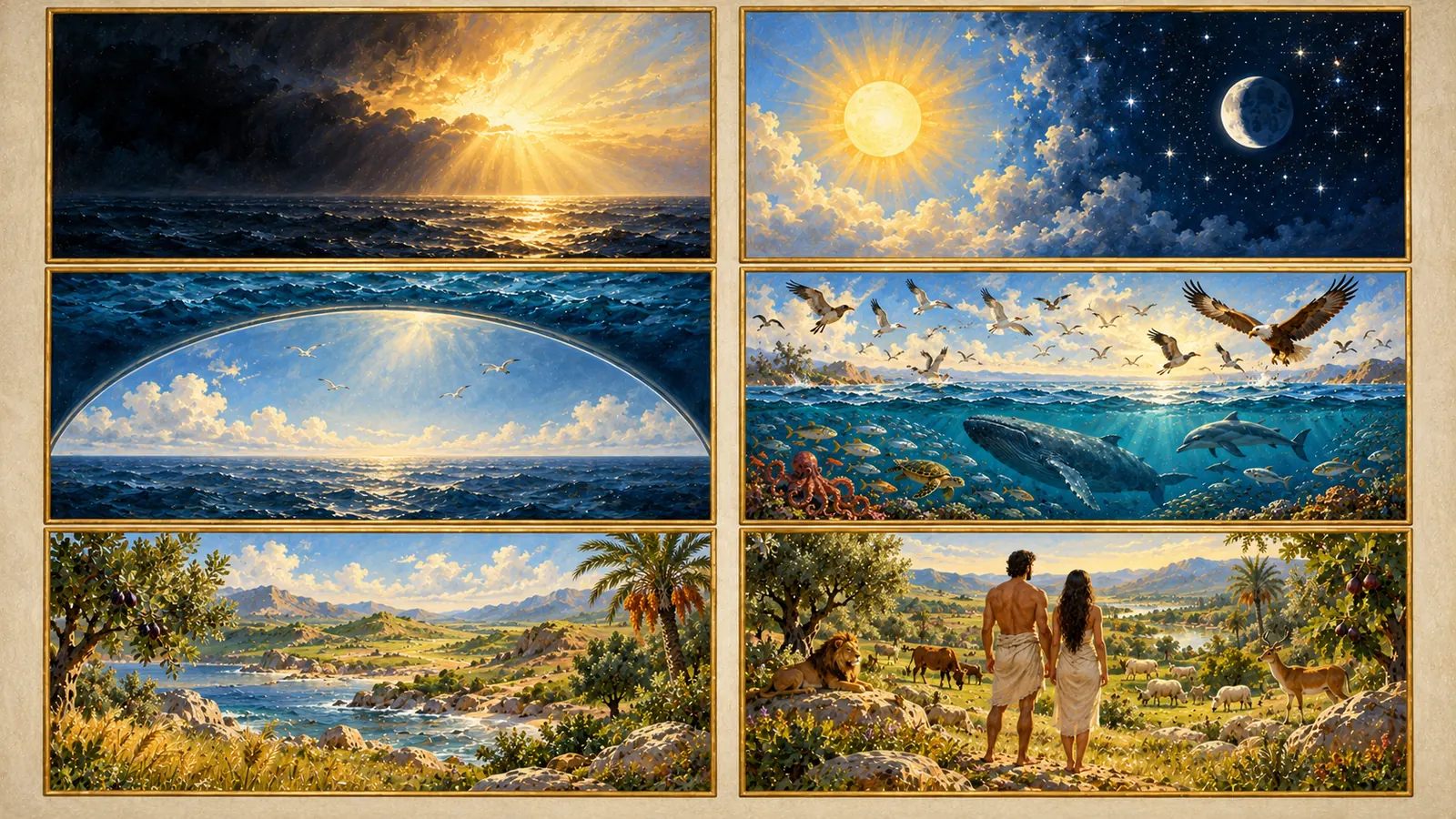 Six tableaux en deux colonnes. À gauche, les jours 1 à 3 : la lumière sur la mer, le ciel en voûte au-dessus des eaux, la terre couverte d'arbres. À droite, les jours 4 à 6 qui les remplissent : le soleil, la lune et les étoiles ; les oiseaux et les poissons ; les animaux, l'homme et la femme.