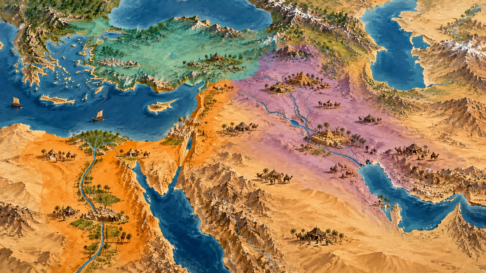 Mappa dipinta del Vicino Oriente: tre zone colorate mostrano dove si stabilirono i discendenti di Jafet a nord-ovest, di Cam a sud-ovest e di Sem a est.
