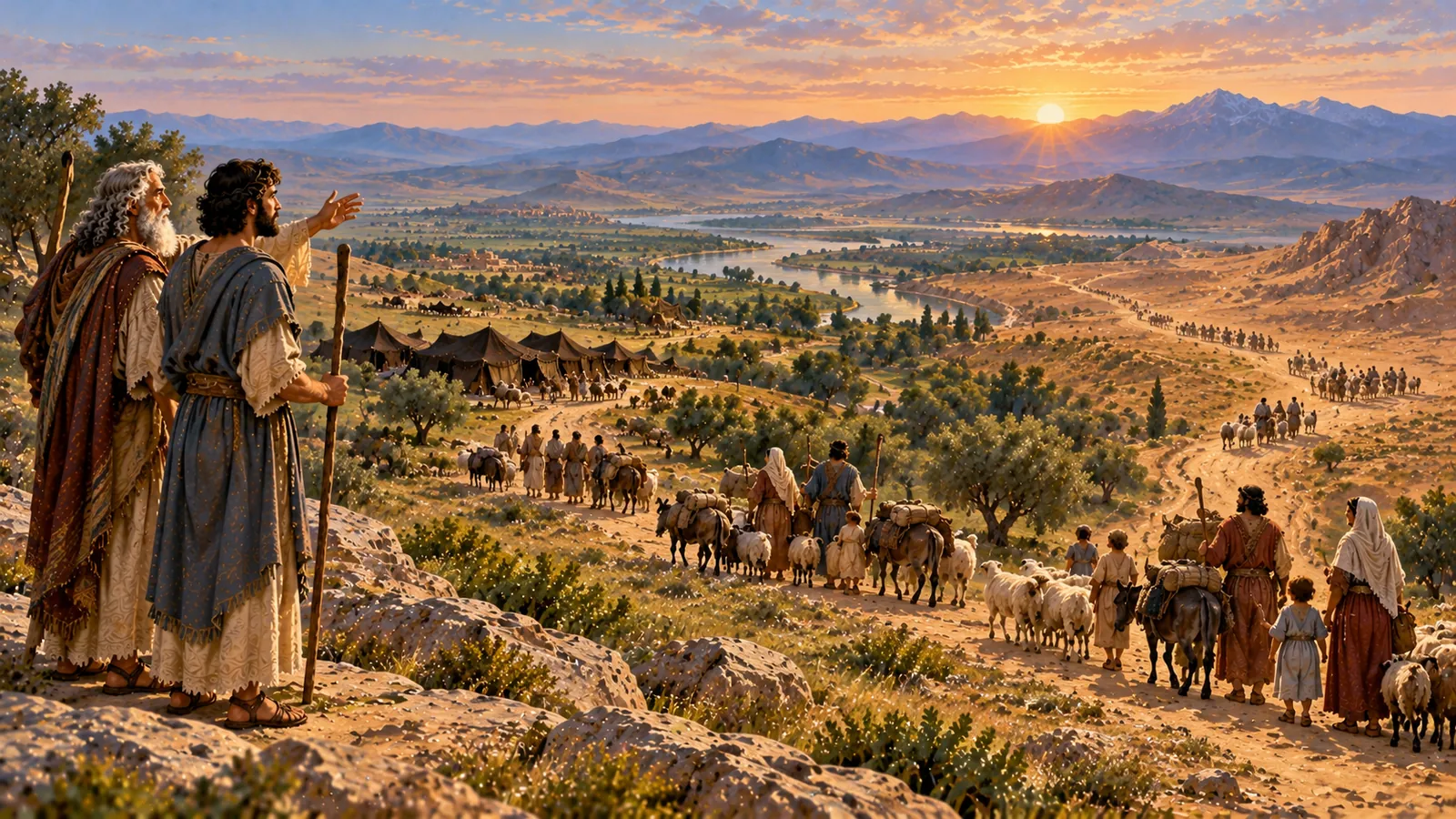 All'alba, clan di pastori con le loro tende e i loro greggi si disperdono attraverso le valli; su un'altura, un anziano mostra a un giovane le strade che si separano.