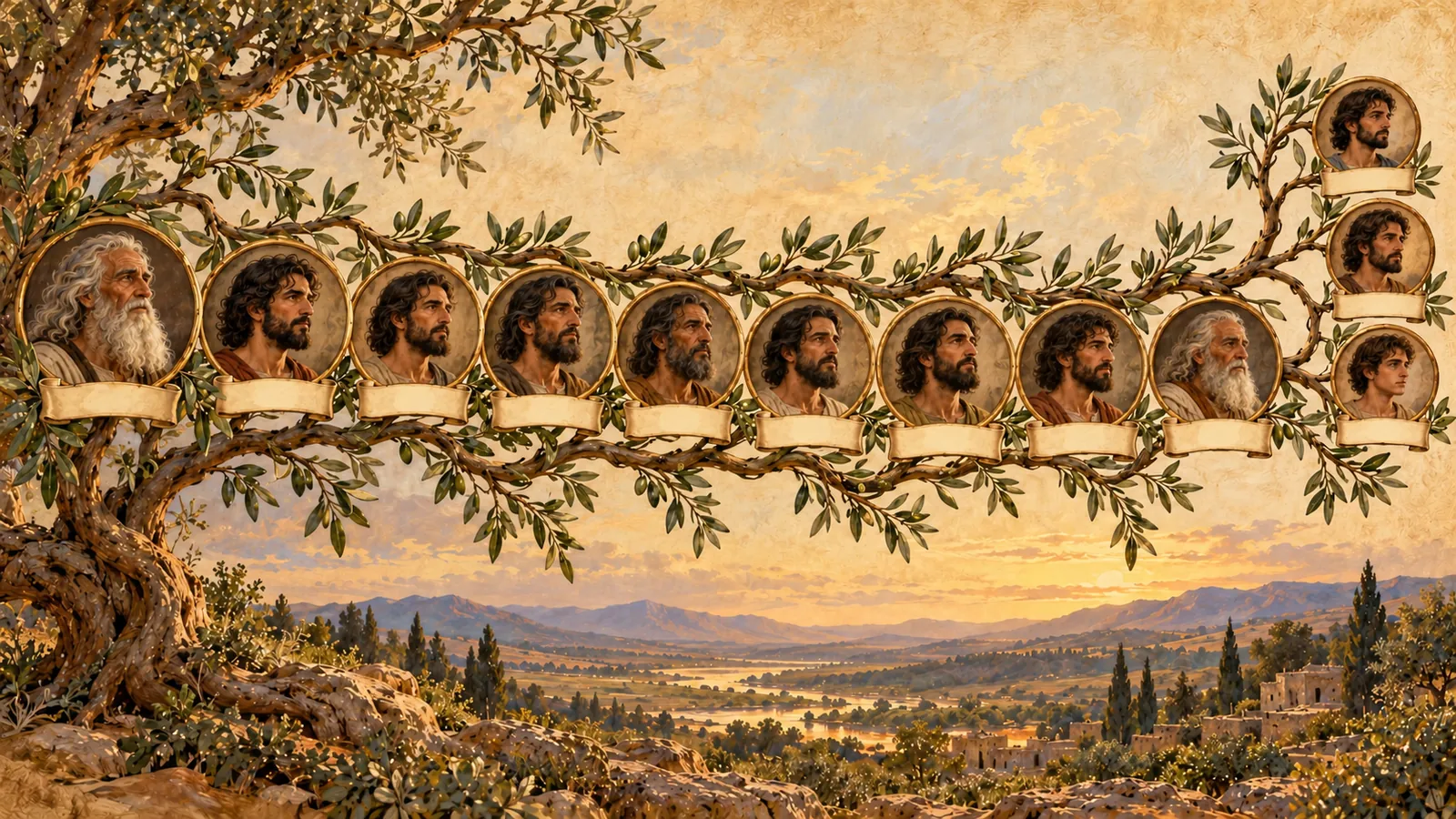Árvore genealógica pintada: um ramo de oliveira une nove medalhões com retratos, de Sem a Terá, e depois se divide em três menores para os seus filhos.