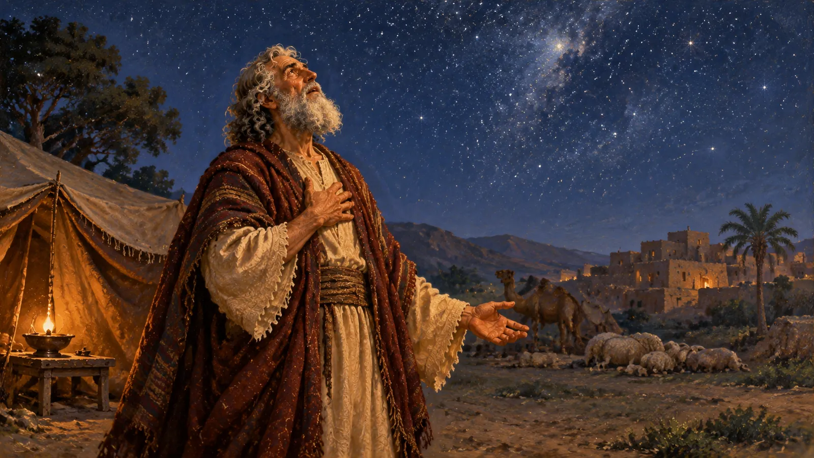 De noche, en Harán, Abram está solo ante su tienda bajo un inmenso cielo estrellado, con la mano en el corazón, mientras una luz suave desciende sobre él.