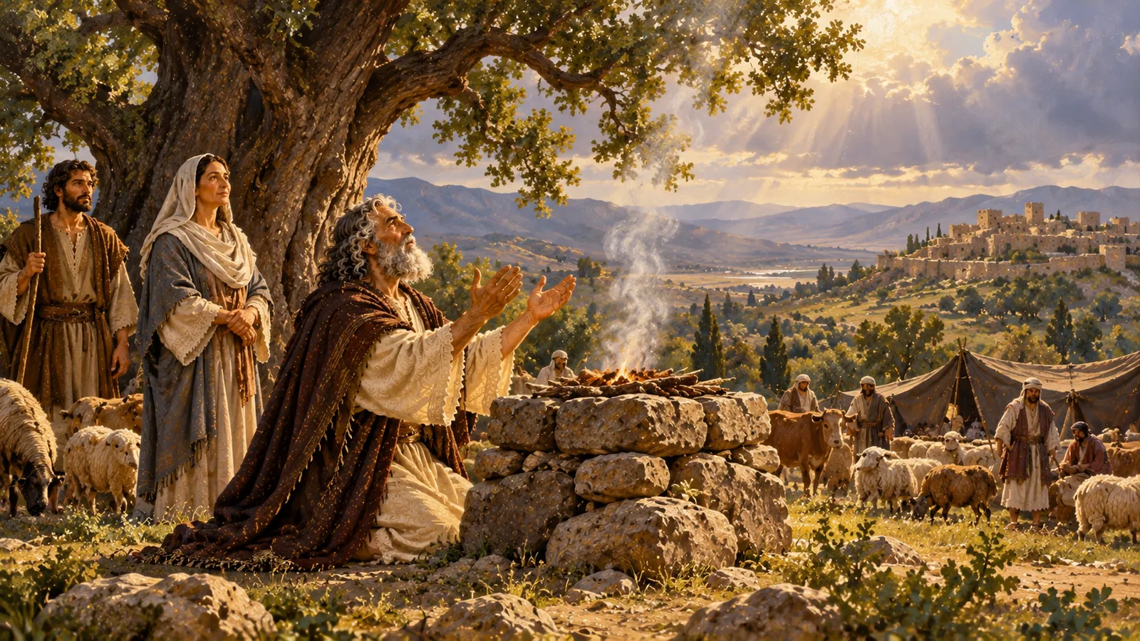 En las colinas de Canaán, junto a una inmensa encina, Abram se arrodilla ante el altar de piedras que acaba de edificar; Sarai, Lot y los rebaños están cerca.
