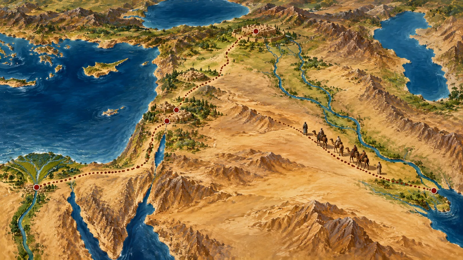 Mapa pintado de la Media Luna fértil: un camino punteado sale de Ur, cerca del golfo Pérsico, sube por el Éufrates hasta Harán, baja a Canaán y llega hasta Egipto.