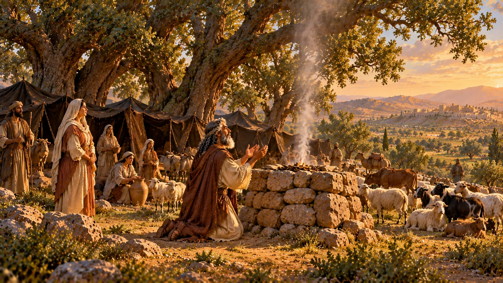 Bajo enormes encinas, delante de las tiendas, Abram de rodillas levanta las manos ante un altar de piedras que humea; Sarai, las mujeres del campamento y los rebaños lo rodean, con Hebrón a lo lejos.