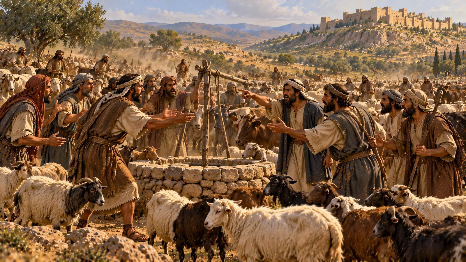 Alrededor de un pozo de piedra, dos grupos de pastores discuten con grandes gestos en medio de los rebaños apretados; en la colina se alza una ciudad cananea.