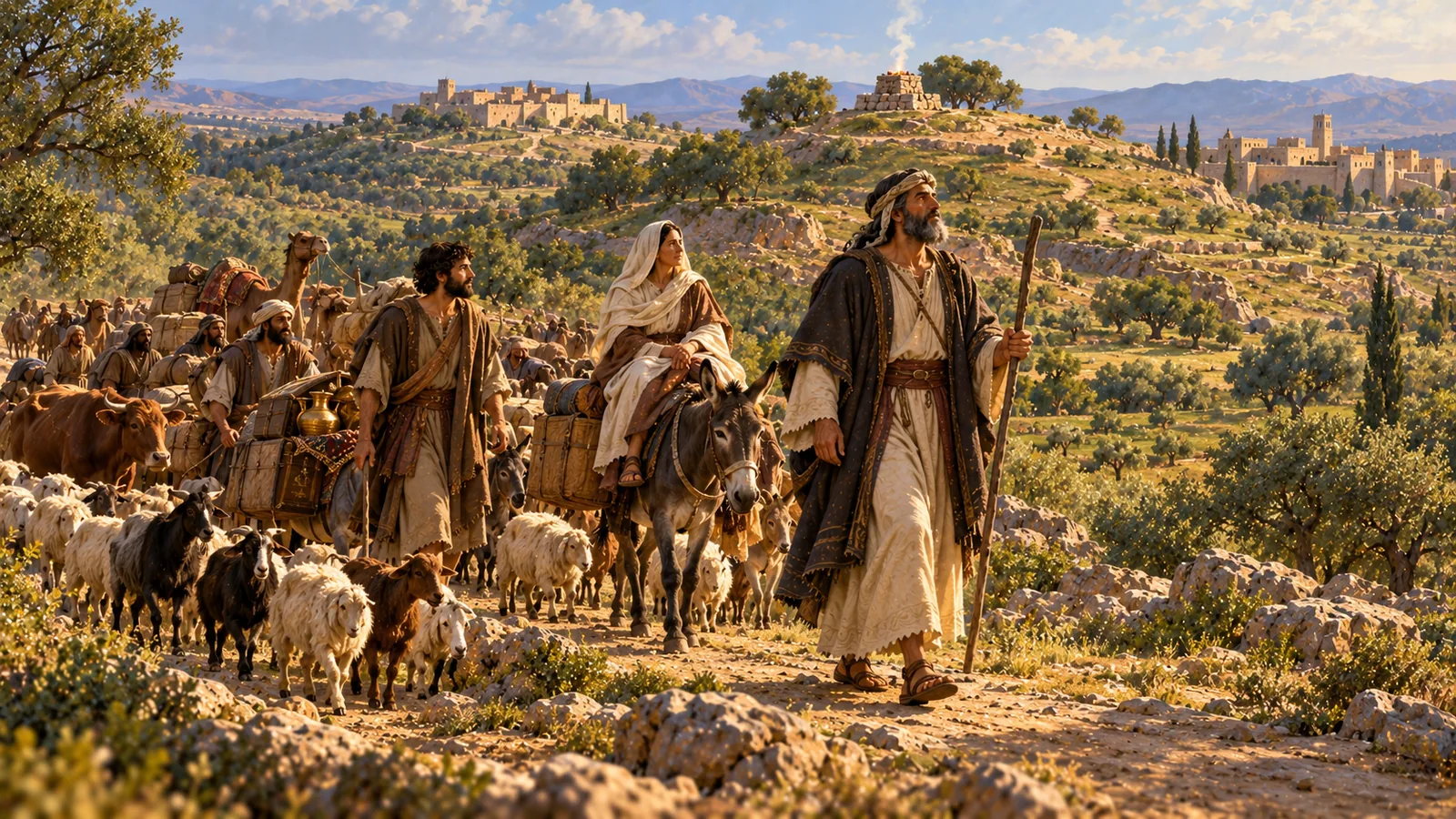 Con un cayado en la mano, Abram guía una larga caravana por las colinas de Canaán: Sarai sobre un asno, Lot, camellos cargados de cofres y vasos de oro, rebaños; en una colina entre dos ciudades humea el altar de antes.
