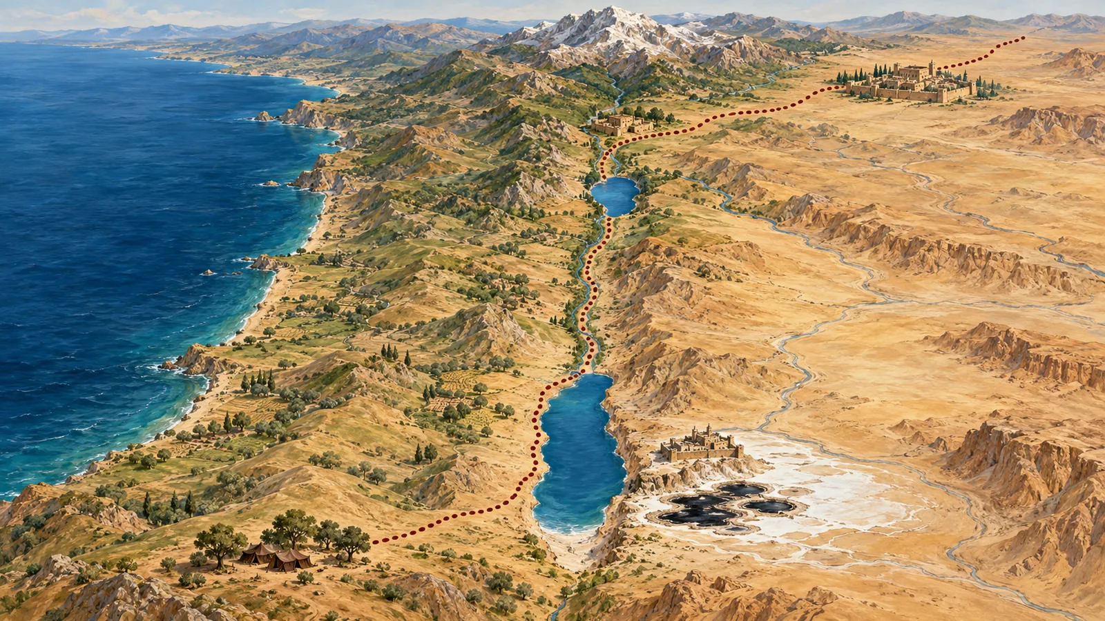 Mapa pintado de Canaã: um caminho pontilhado sai das tendas de Manre, passa pelo mar Morto e segue o Jordão até Dã, depois vai além de Damasco.