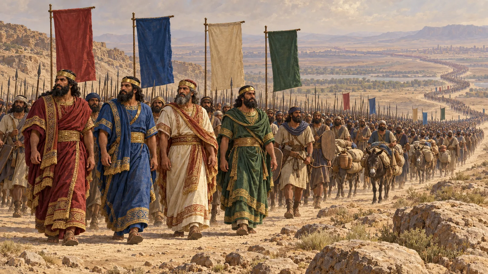 Quatro reis com túnicas bordadas e diademas de ouro conduzem um longo exército de lanceiros e jumentos carregados, sob estandartes vermelho, azul, branco e verde, que serpenteia pelo deserto.
