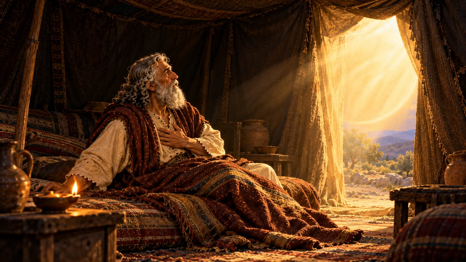 Em sua tenda, Abrão se ergue em seu leito, com a mão no coração, enquanto uma intensa luz dourada entra pela abertura.