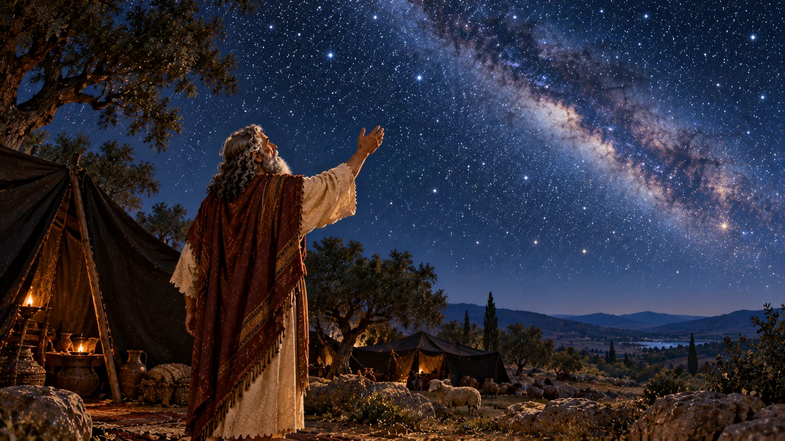 Sob um imenso céu estrelado atravessado pela Via Láctea, Abrão, visto de costas junto à sua tenda, ergue a mão para as estrelas.