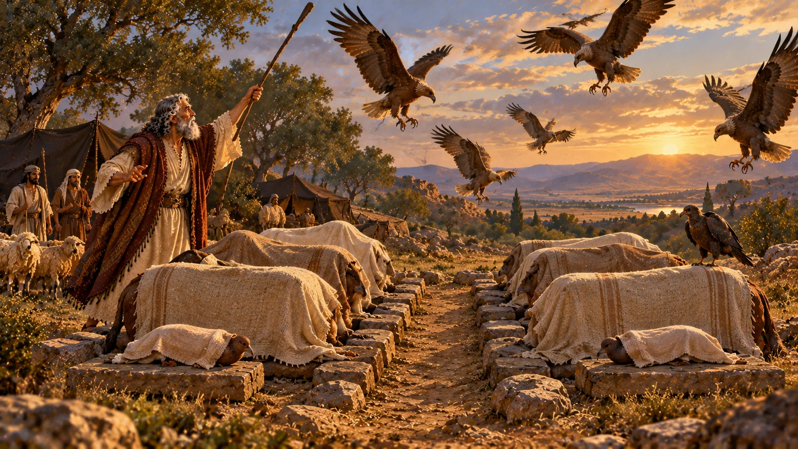 Ao pôr do sol, entre duas fileiras de pedras, repousam as ofertas cobertas com panos e duas pombas; Abrão ergue o cajado para espantar as aves de rapina que descem.