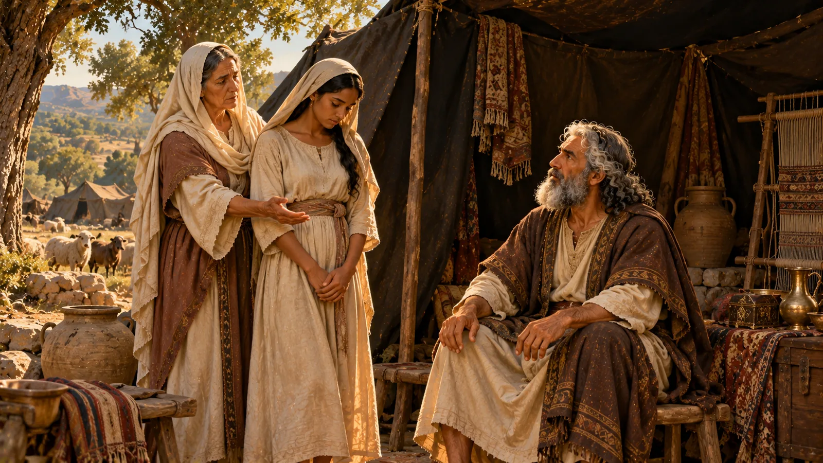 Davanti alla tenda, Sarai, con aria triste, presenta con la mano la giovane serva Agar, a occhi bassi, ad Abramo seduto su uno sgabello.