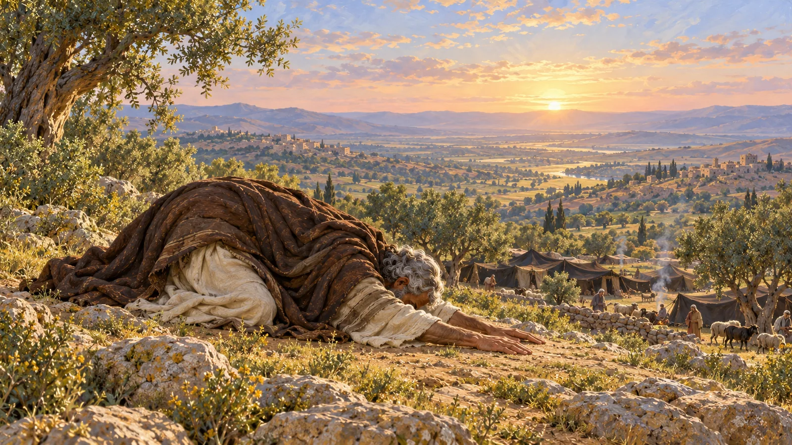 At sunrise, on a hill above the camp, Abram lies face down with arms stretched out, before a wide plain of valleys and villages.