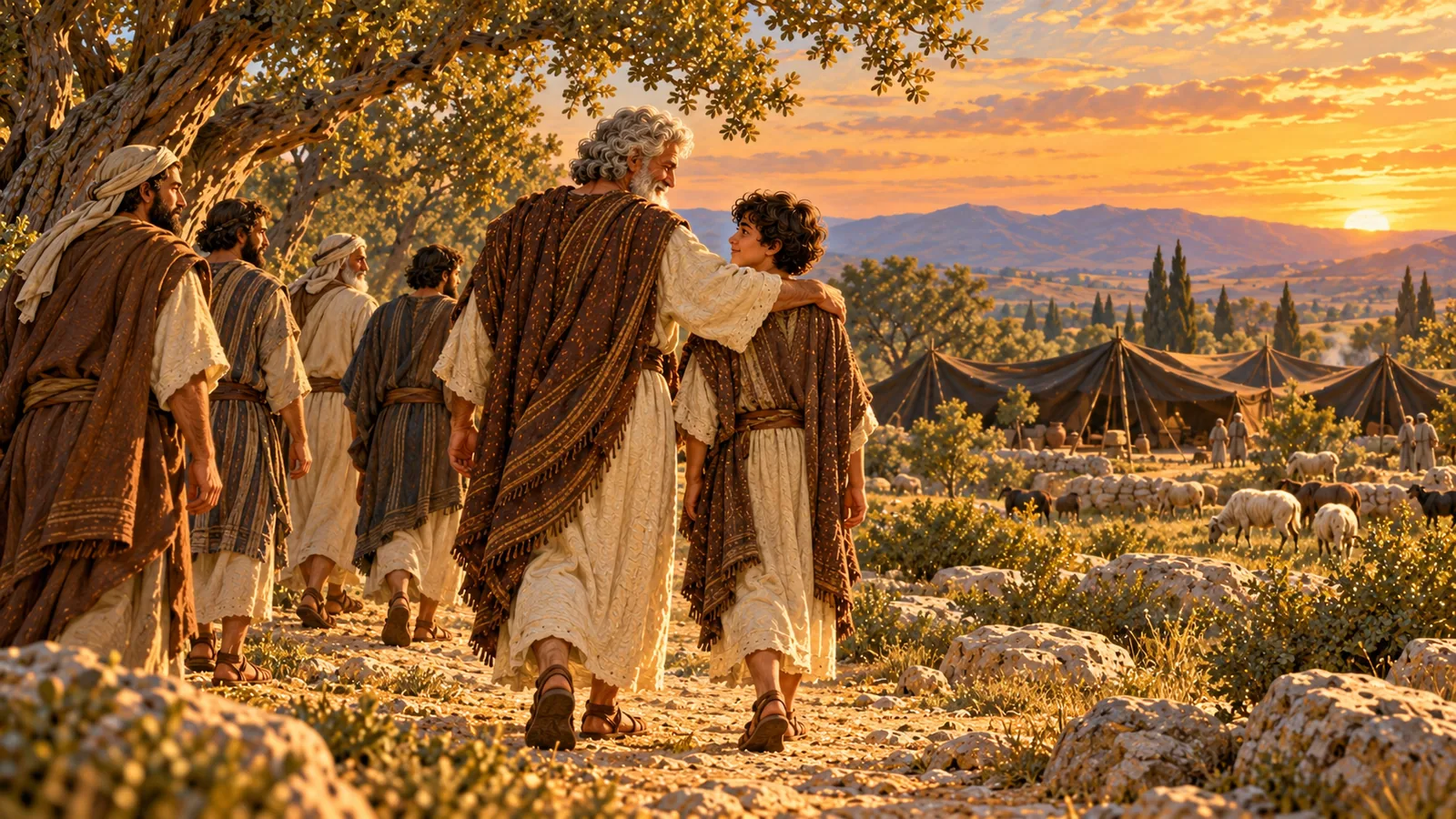 At sunset, Abraham walks toward the tents with his arm around Ishmael's shoulders, followed by the men of his household.