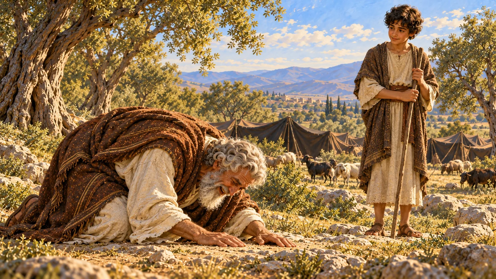 Bowed with his face to the ground, Abraham laughs in amazement, while young Ishmael, staff in hand, watches him with a smile.