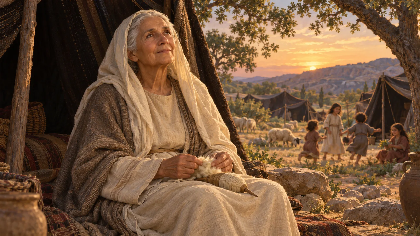 At sunset, the aged Sarah sits at the entrance of her tent with her wool and spindle, looking up with a peaceful smile; children play near the tents.
