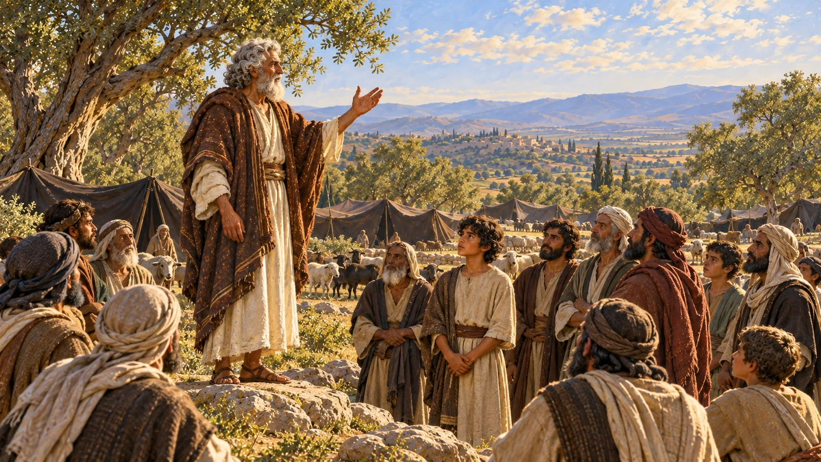 Standing on a rock, Abraham speaks with raised hand to the men of his household gathered before the tents, from old men to young boys, with Ishmael in front.
