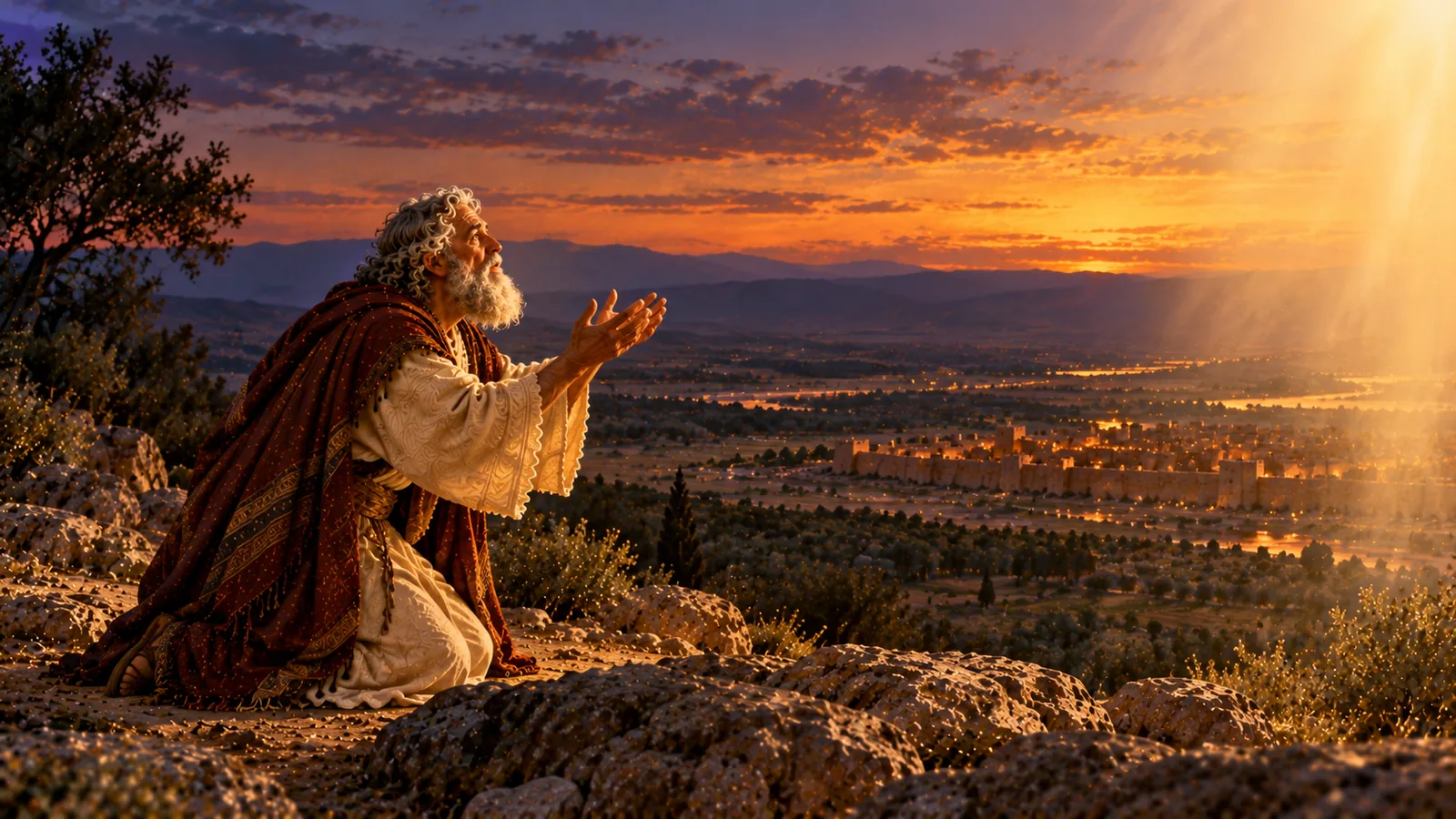 Al crepuscolo, Abrahamo, in ginocchio su una roccia, alza le mani verso una luce dolce, sopra la pianura dove brillano le luci di Sodoma.
