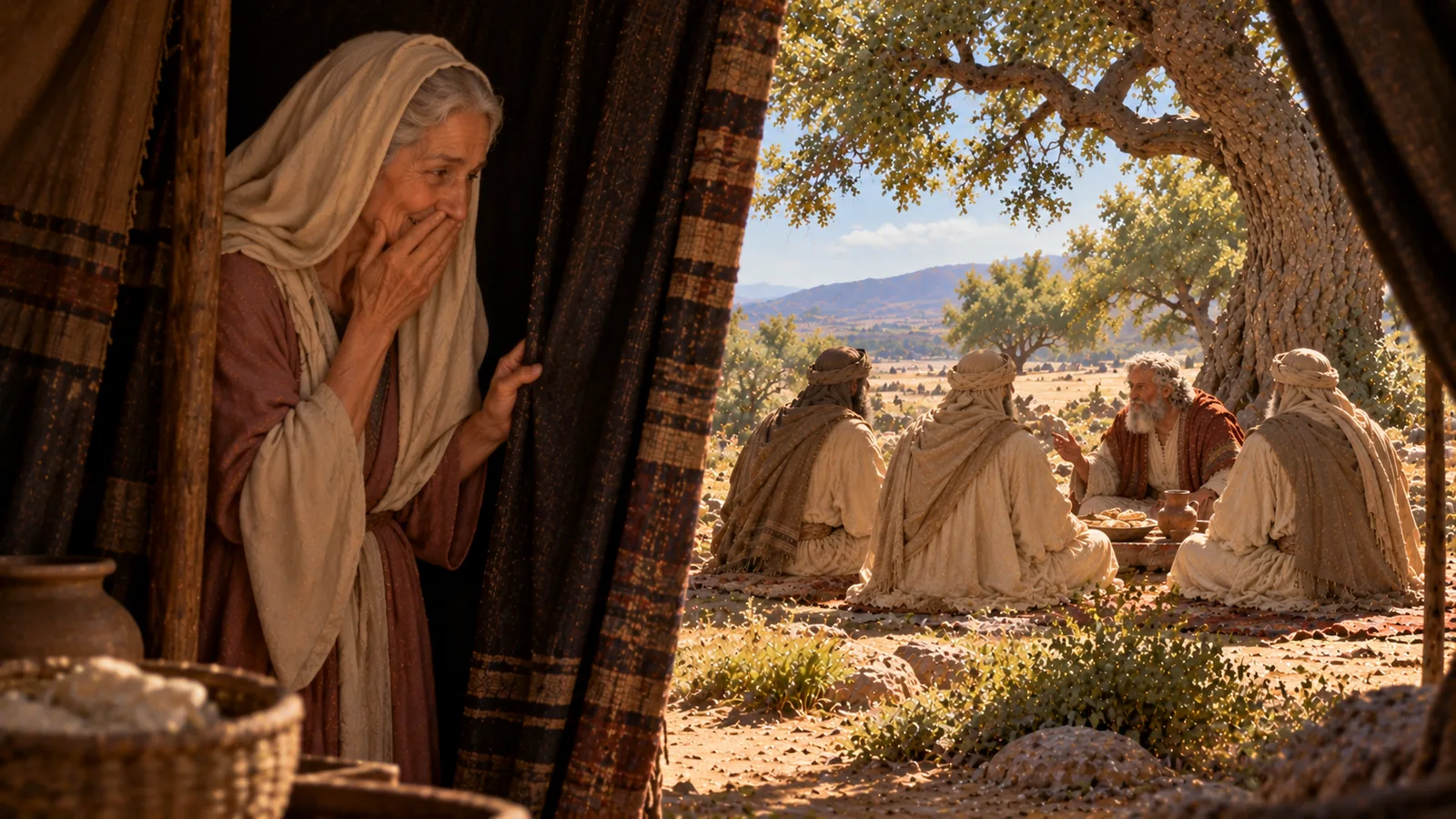 Dietro la tenda, l'anziana Sara nasconde un sorriso con la mano; fuori, sotto la quercia, Abrahamo parla con i tre visitatori visti di spalle.