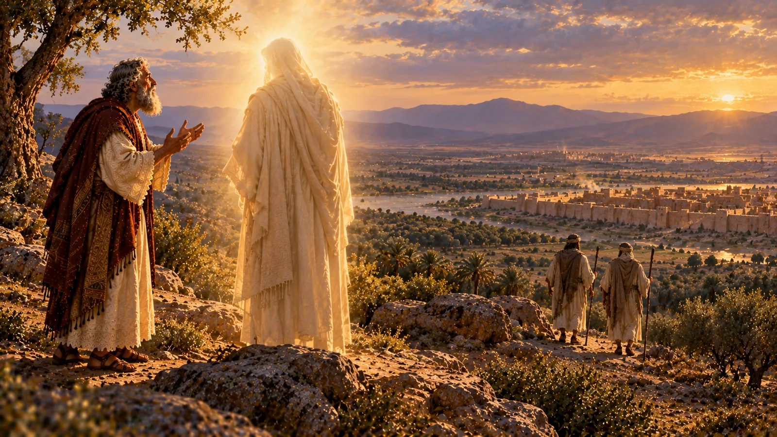 Su un'altura che domina la pianura e le sue città cinte di mura, Abrahamo sta davanti a un visitatore avvolto di luce, mentre gli altri due scendono verso Sodoma.