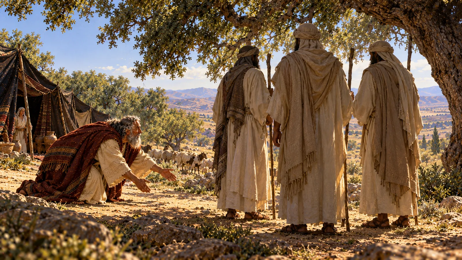Sotto una grande quercia, Abrahamo si prostra fino a terra, a mani aperte, davanti a tre viandanti vestiti di bianco, visti di spalle, con un bastone in mano; Sara è all'ingresso della tenda.