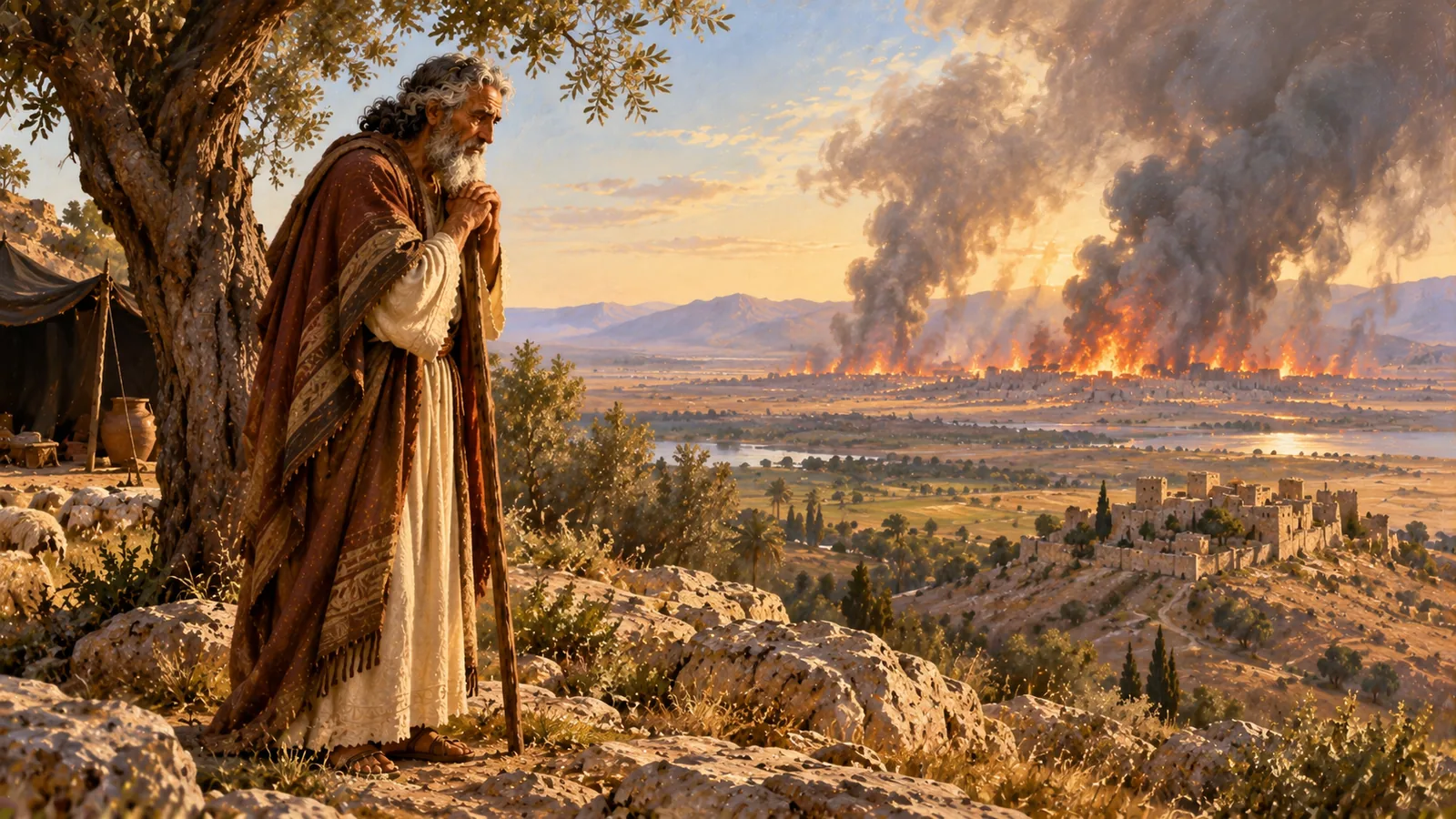 Al mattino, sull'altura, Abrahamo, appoggiato al bastone, guarda con tristezza il fumo e le fiamme che salgono dalle città della pianura; una piccola città resta intatta su una collina.