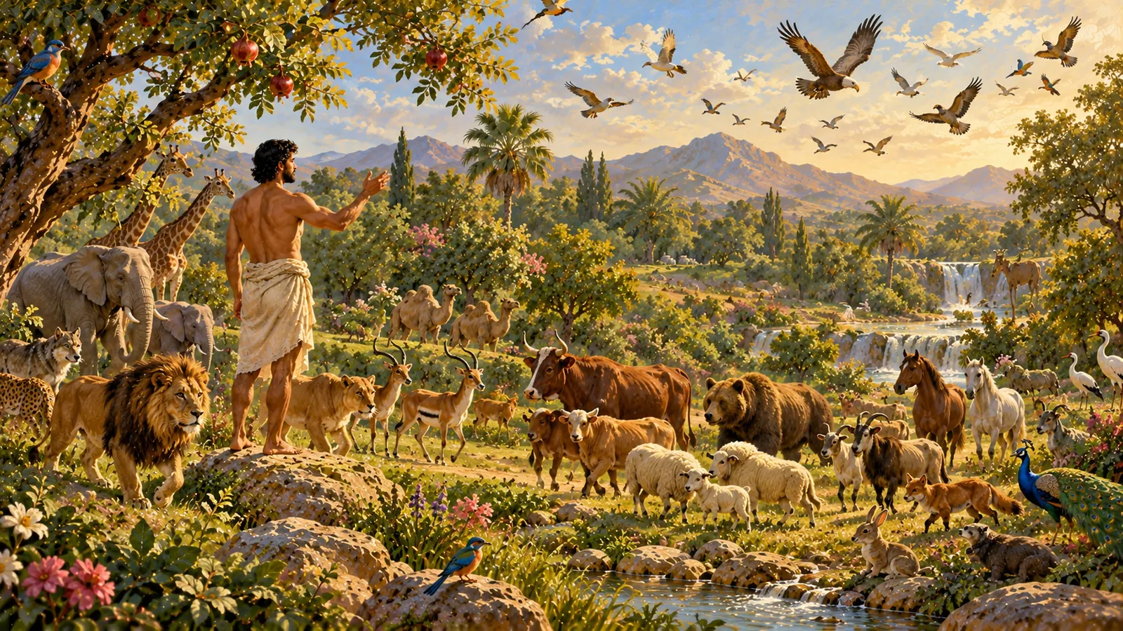 Debout sur un rocher, l'homme lève la main tandis que défilent devant lui lions, bœufs, moutons, chevaux, ours, gazelles et oiseaux.