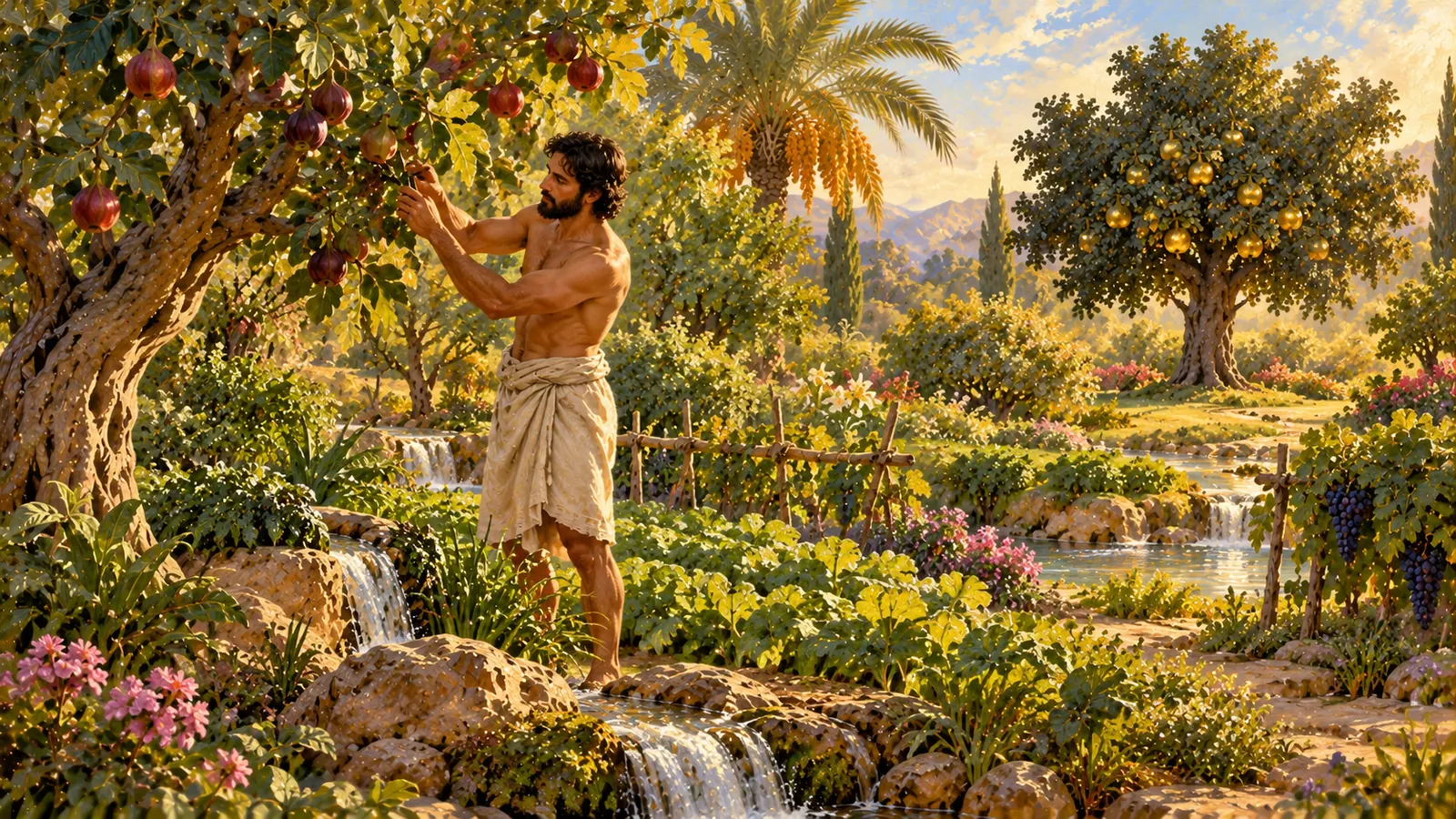 L'homme taille un figuier dans le jardin, près d'un ruisseau ; au loin se dresse l'arbre aux fruits dorés.