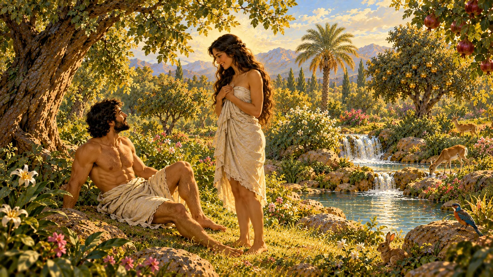 Au réveil, sous un arbre du jardin, l'homme découvre la femme debout devant lui ; ils se regardent avec joie.