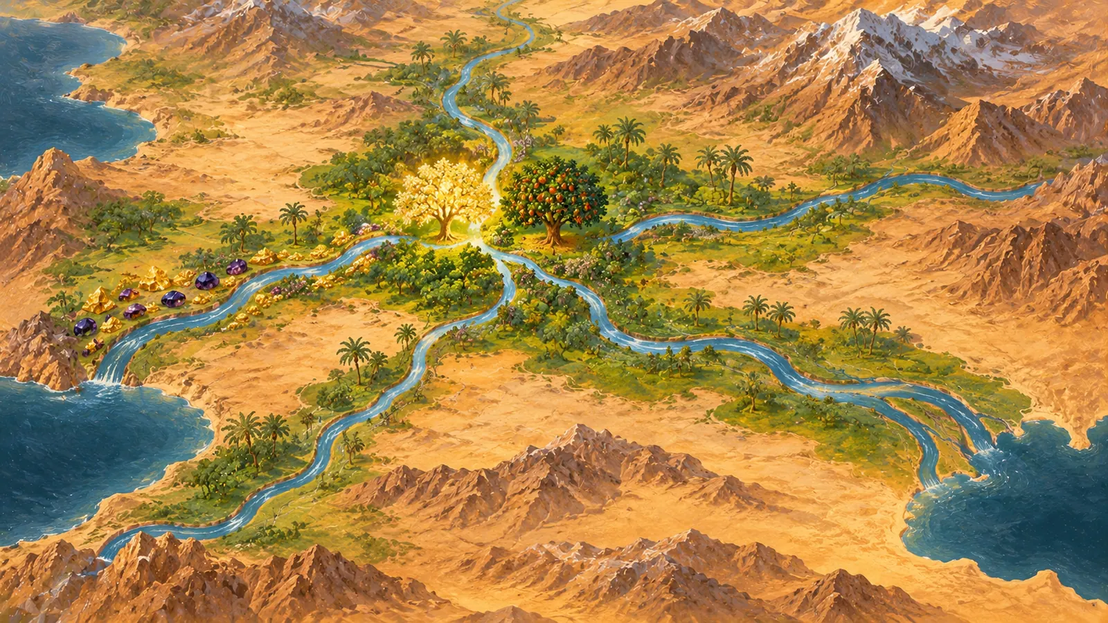 Carte peinte du Proche-Orient : depuis un jardin au centre, un fleuve se divise en quatre bras qui partent vers les mers ; de l'or et des pierres précieuses bordent l'un d'eux.