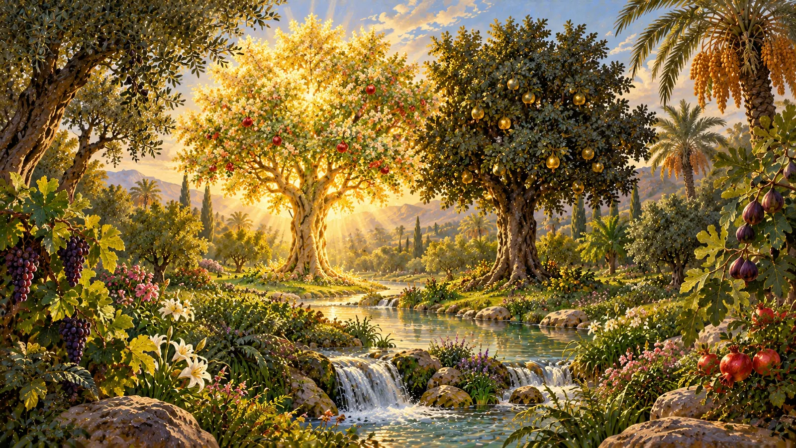 Un jardin luxuriant traversé par une rivière, avec au centre deux grands arbres : l'un lumineux, l'autre aux fruits dorés.