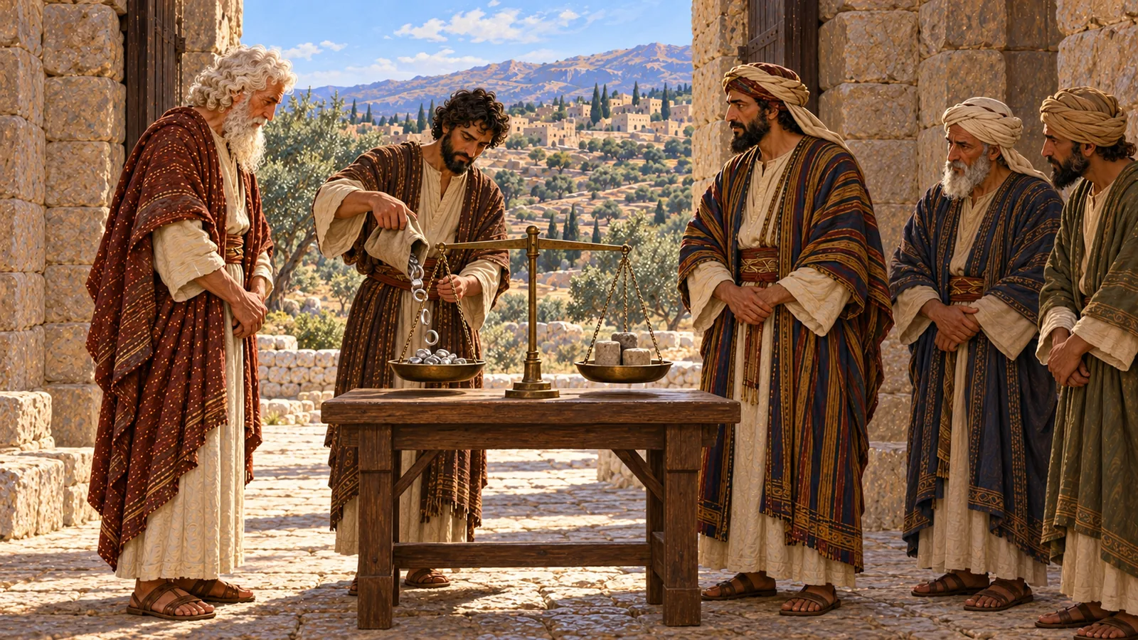 Alla porta della città, un uomo versa anelli d'argento nel piatto di una bilancia, sotto lo sguardo di Abrahamo, di Efron e dei testimoni.
