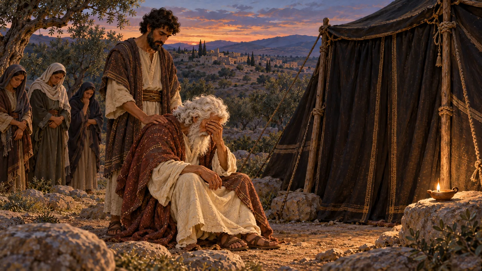 Al crepuscolo, Abrahamo siede accanto alla tenda chiusa di Sara, il volto nella mano; Isacco gli posa la mano sulla spalla, e alcune donne in lutto stanno in disparte.