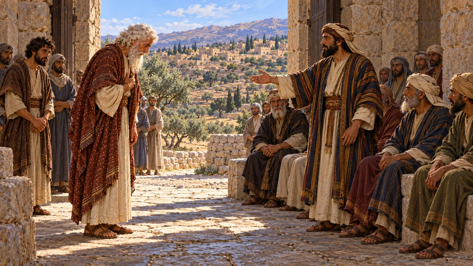 Alla porta della città, Abrahamo s'inchina, la mano sul cuore, davanti agli anziani seduti; Efron, riccamente vestito, si alza e tende la mano per offrire il suo campo.