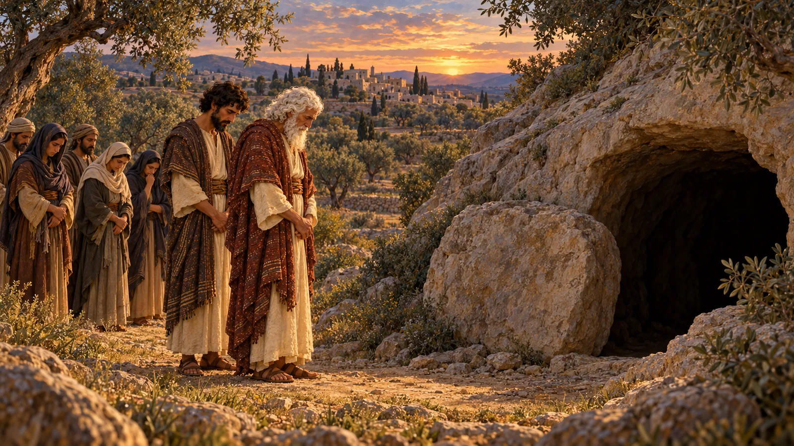 Al tramonto, tra gli ulivi, Abrahamo e Isacco stanno a capo chino davanti all'ingresso di una spelonca e alla sua grande pietra; la famiglia è dietro di loro.