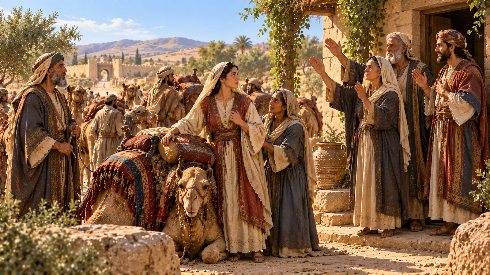 In front of the house, Rebekah, beside a kneeling camel, turns to her nurse; her mother, her father and Laban raise their hands to bless her, and the caravan gets ready to leave.
