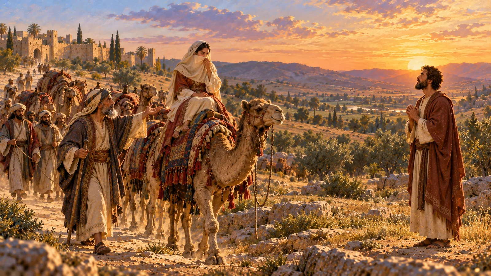 At sunset, Isaac prays alone in the fields; the caravan arrives, and Rebekah, on her camel, covers herself with her veil as the servant points to Isaac.
