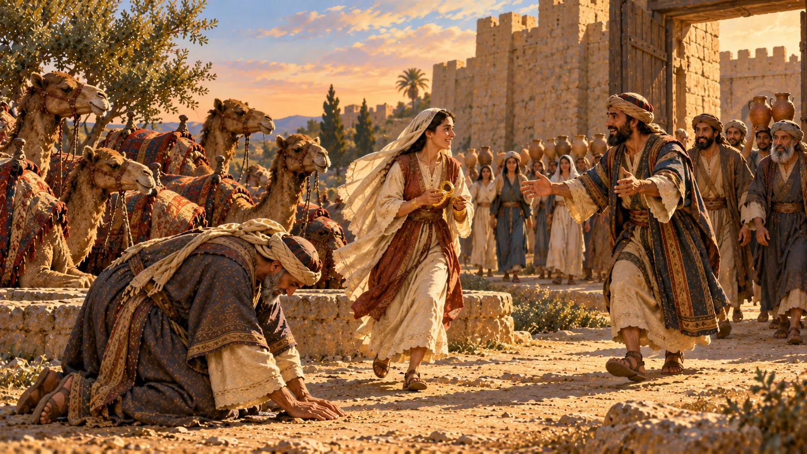 The servant bows to the ground beside the camels; Rebekah runs toward the city with the gold bracelets in her hands, and her brother Laban comes with open arms.