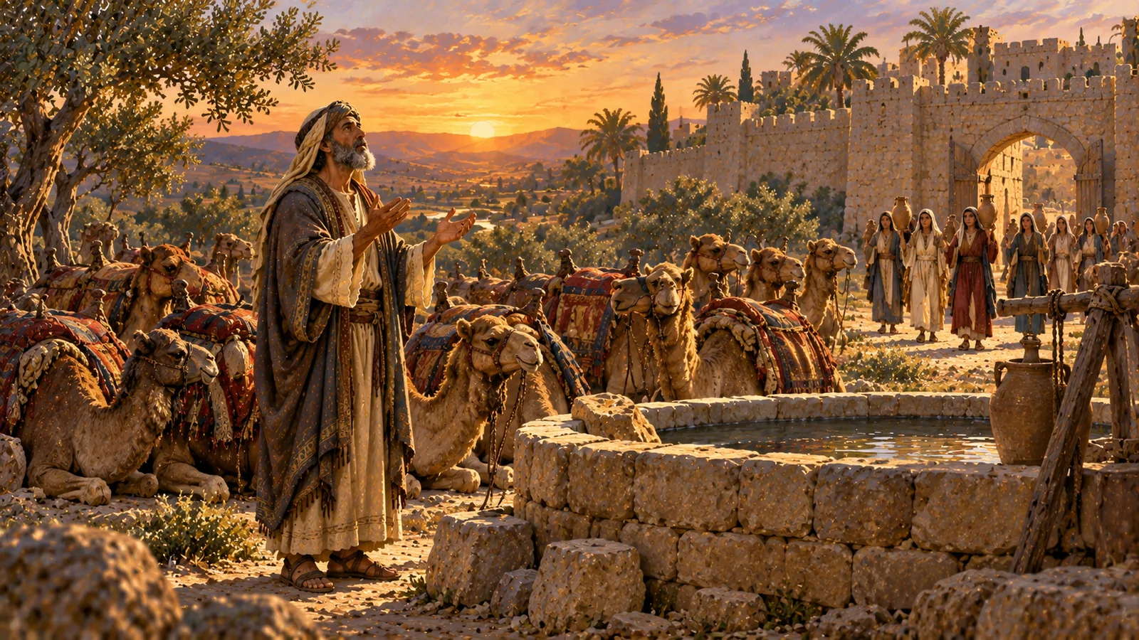 At sunset, by a well before the walls of the city of Nahor, the servant prays with open hands among the kneeling camels; women come out of the city with their jars.