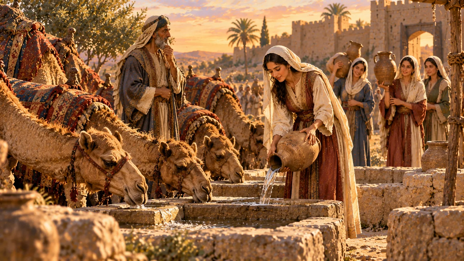 By the well, Rebekah pours water from her jar into the trough where the camels drink, while the servant watches her in silence, his hand on his beard.