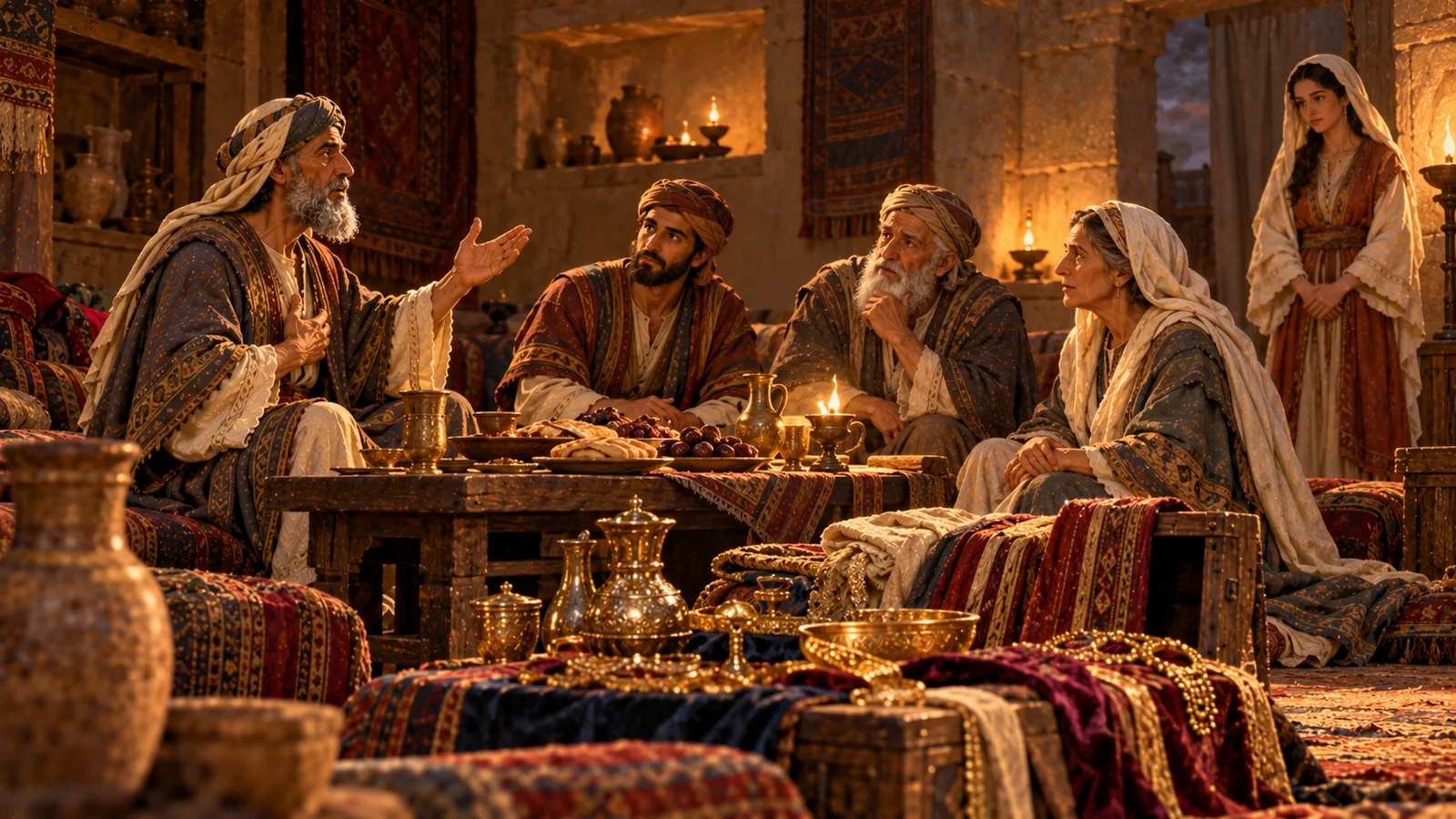 In the evening, in a lamp-lit house, the servant tells of his mission, hand on heart, before Laban, Bethuel and the mother, beside the gifts of gold and cloth; Rebekah listens at the back.