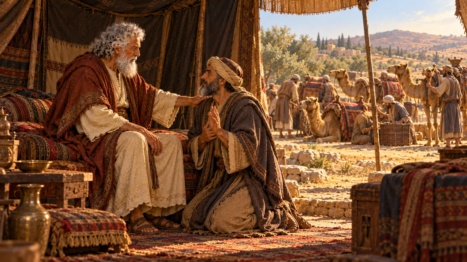 In the tent, the very old Abraham lays his hand on the shoulder of his old servant, who kneels with raised hands to swear an oath; outside, the camels are being prepared.