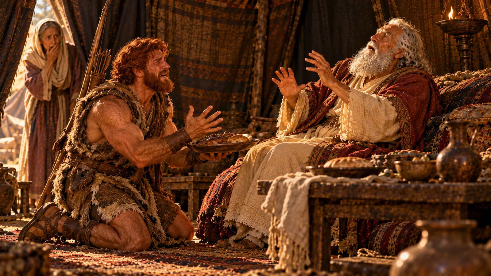 Ésaü, à genoux, un plat dans les mains, crie sa détresse devant Isaac qui lève les mains, bouleversé ; à l'entrée, Rebecca porte la main à sa bouche.