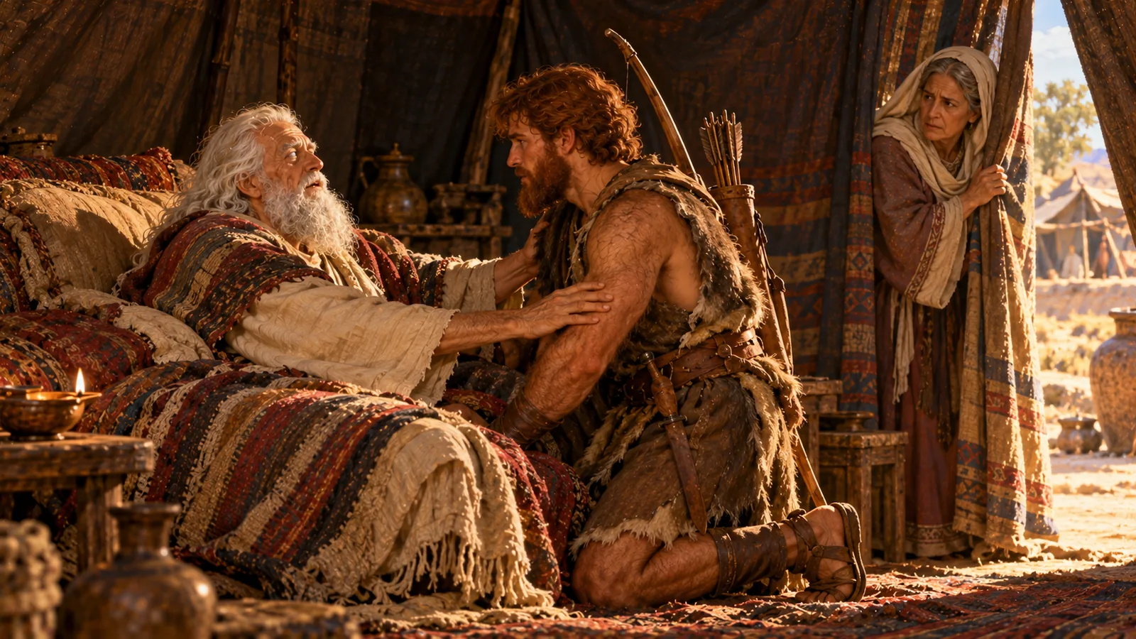Dans la tente, Isaac, très âgé et aveugle, pose les mains sur les bras d'Ésaü agenouillé, son arc dans le dos ; Rebecca écoute, cachée derrière le rideau.
