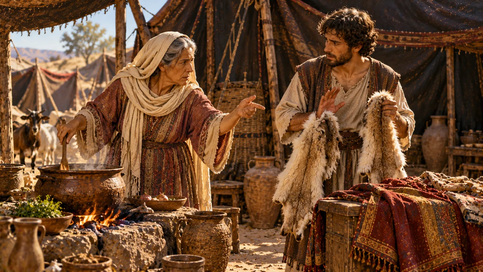 Près du feu où mijote un ragoût, Rebecca, décidée, donne ses instructions à Jacob, qui hésite en tenant deux peaux de chevreaux ; les beaux vêtements d'Ésaü sont posés sur un coffre.
